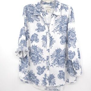 Rachel Zoe 100% Linen Button Down Shirt Womens 1X White Blue Floral Roll Tab